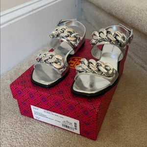 Tory Burch Metallic Silver Chain Sandals